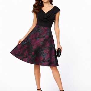 Adrianna Papell Black and Purple Floral Asymmetrical Dress